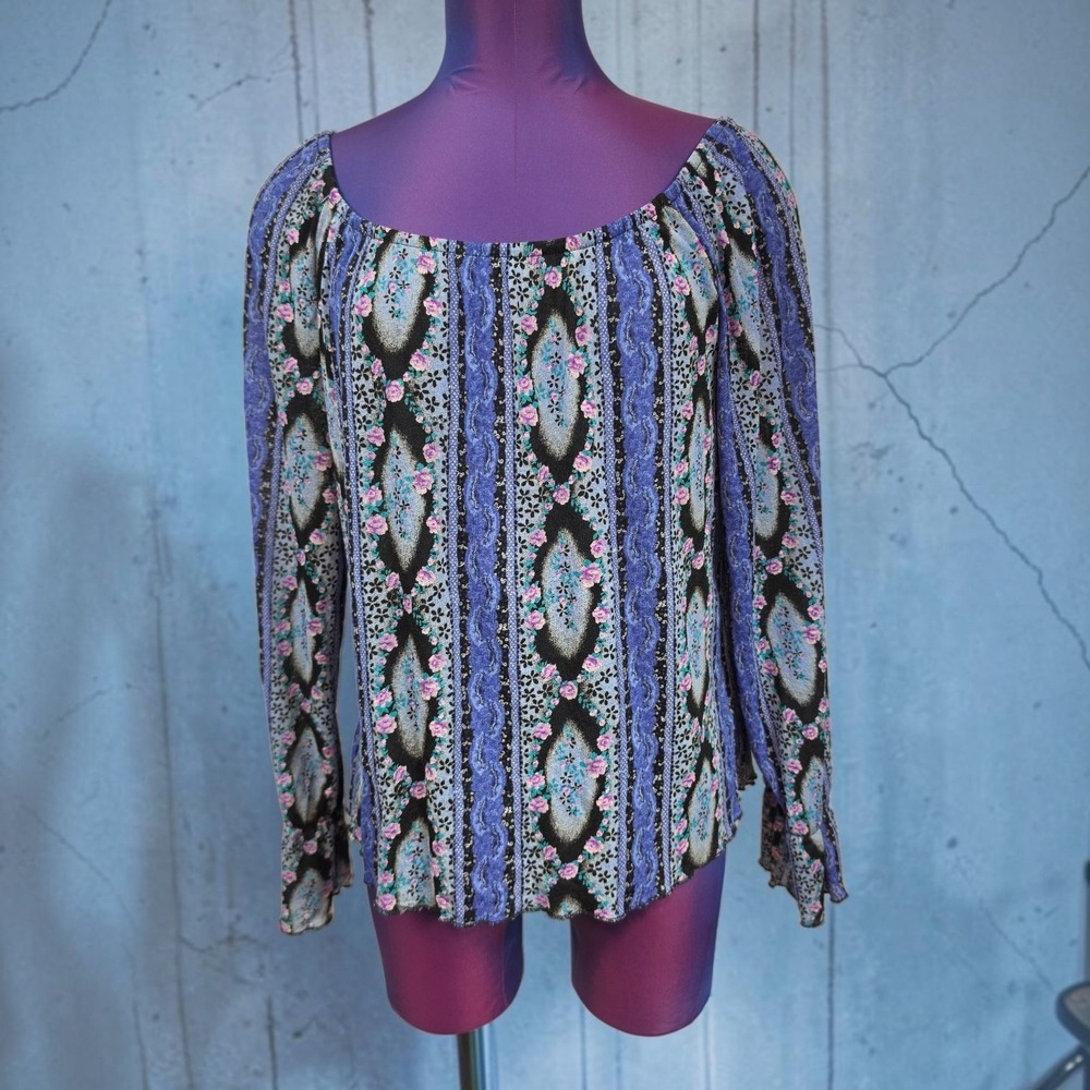 BIYAYCDA Women Blue Floral Stripe Long Sleeve Scoop Neck Top Large Vintage